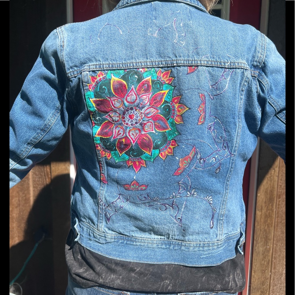 Striking HAND PAINTED mandala jean jacket. Ashley Vintage Charm.